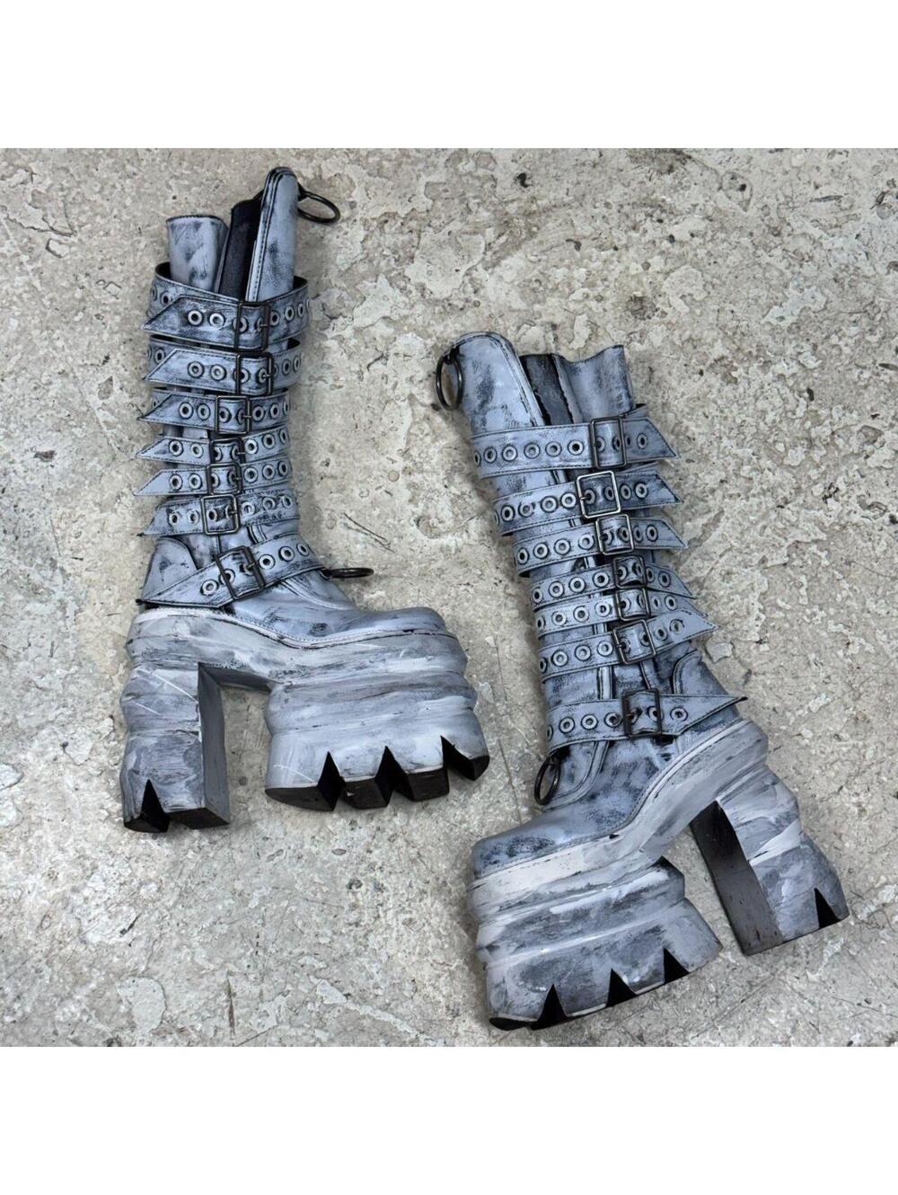 Painted Distressed Cyber-Goth Mega Platform Buckle Knee Boots
